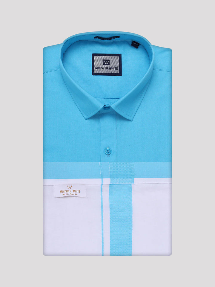 Men's Sky Blue Shirt with Matching Border Flexi Dhoti Combo Casper Flexi