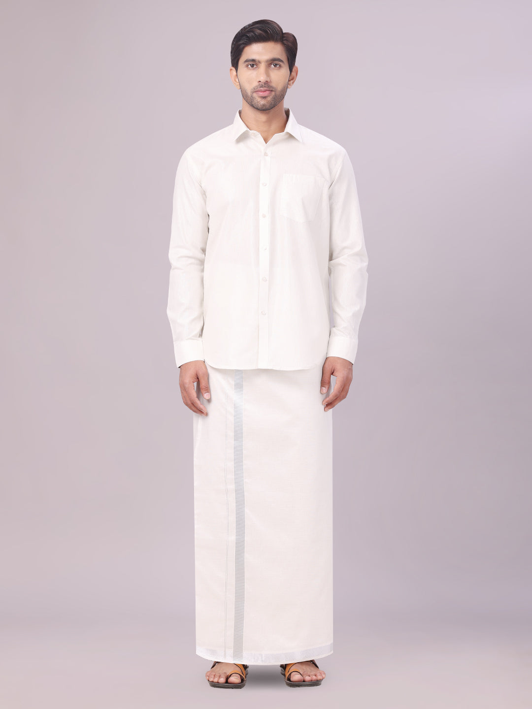 Mens Tissue Silver Colour Dhoti Shirt Wedding Combo Maverick