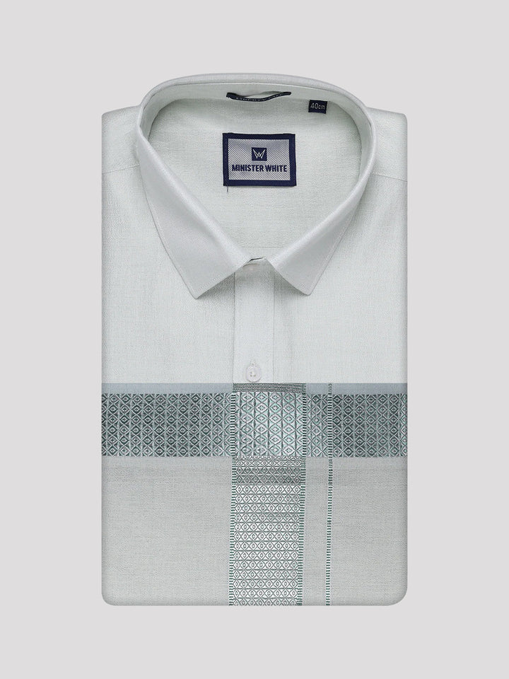 Men's Leaf Green Tissue Shirt and Dhoti Set with Intricate Jacquard Border Plum