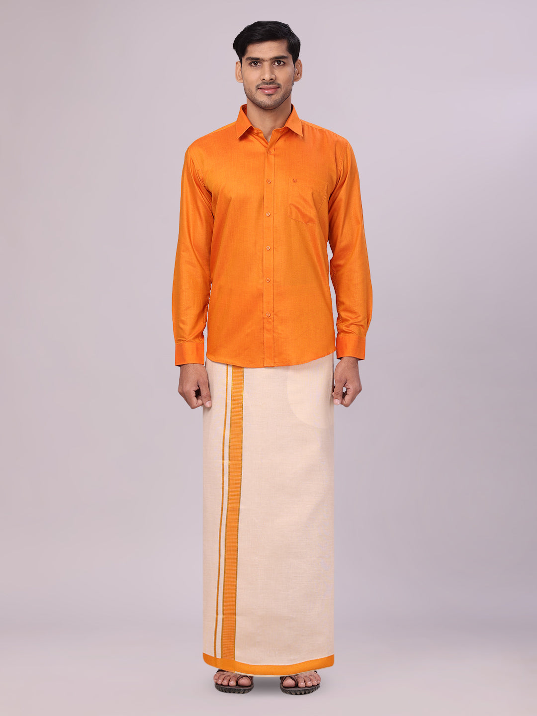 Men's Cotton Orange Shirt with Tissue Matching Border Flexi Dhoti Wedding Combo Kandala