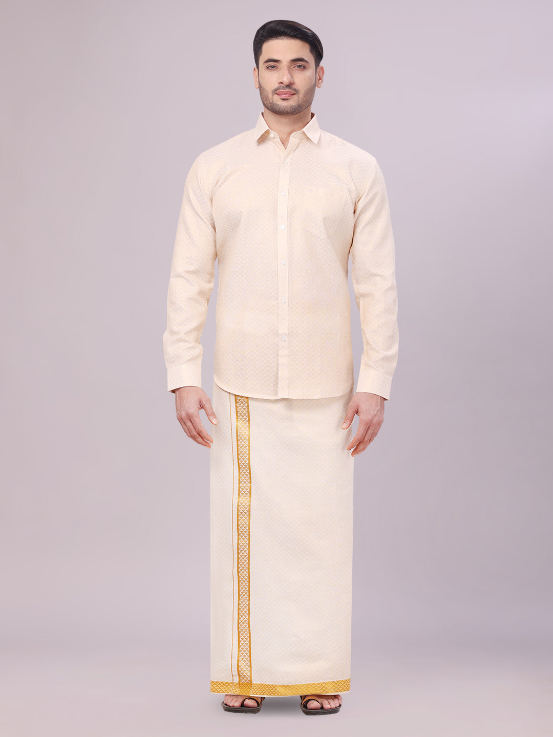 Men's Gold Tissue Jacquard Shirt with Matching Dhoti Combo Zeebra