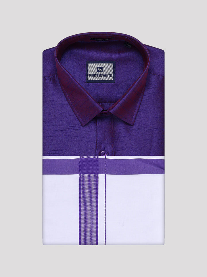 Mens Violet Dupion Satin Color Shirt with Matching Border Dhoti Combo Gora