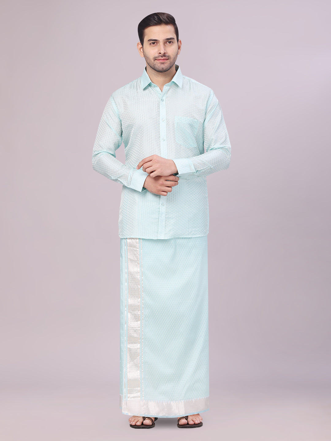 Men's Art Silk Sea Green Full Sleeves Shirt with 2 1/2" Silver Jari Border Dhoti Combo Neogen