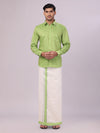 Mens Cotton Light Green Shirt with Tissue Matching Border Flexi Dhoti Wedding Combo Kandala