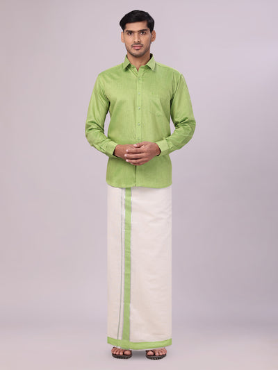 Men's Cotton Light Green Shirt with Tissue Matching Border Flexi Dhoti Wedding Combo Kandala