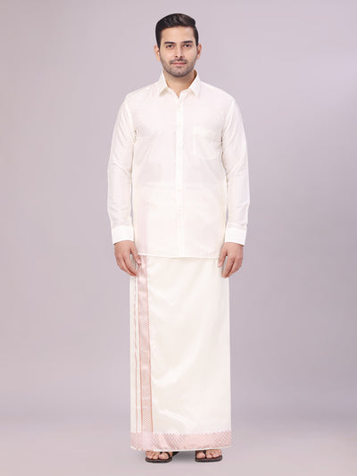 Men's Art Silk Cream Jacquard Full Sleeves Shirt with 2 1/2" Copper Jari Border & Dhoti Combo Nautica