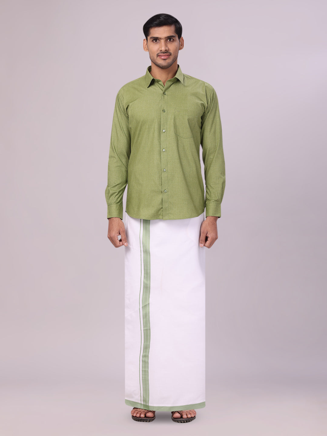 Men's Light Green Shirt with Matching Border Flexi Dhoti Combo Casper Flexi