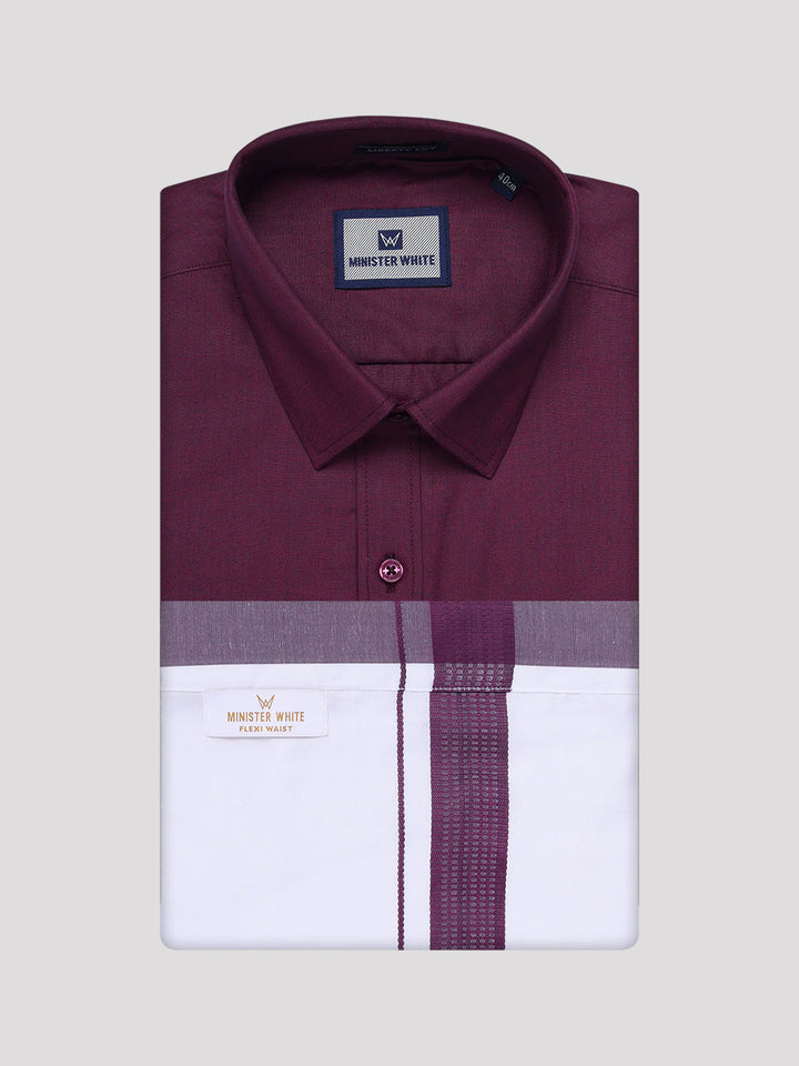 Men's Dark Wine Shirt with Matching Border Flexi Dhoti Combo Casper Flexi