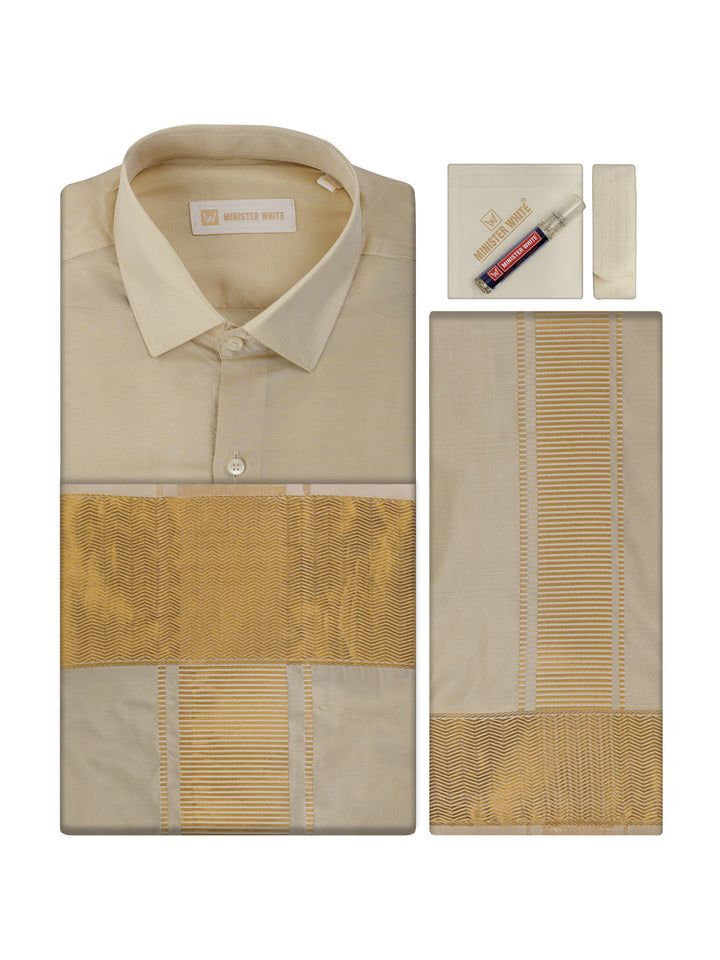 Men's Art Silk Medium Gold Jacquard Full Sleeves Shirt with 4" Gold Jari Border & Towel Dhoti Combo Mangal