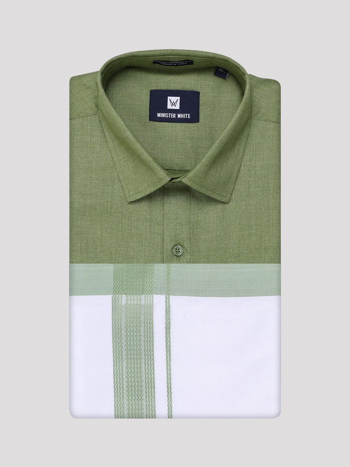 Mens Light Green Color Shirt with Matching Border Dhoti Combo Casper