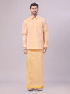Mens Art Silk Dark Gold Full Sleeves Shirt with Gold Jari Border Dhoti Combo Finesse