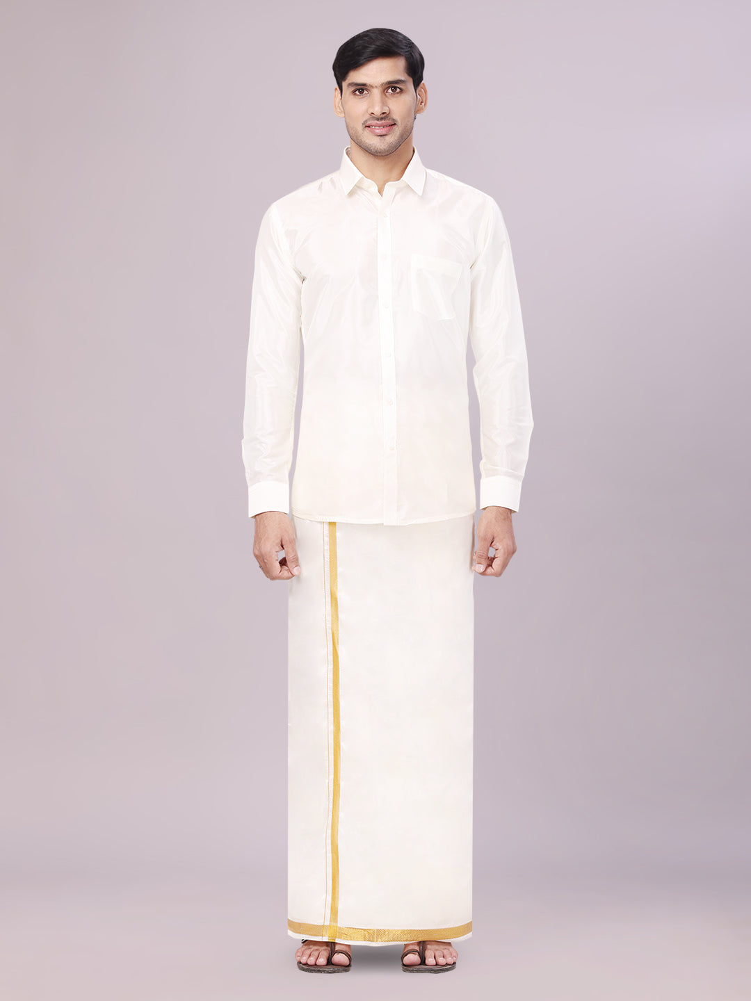 Mens Art Silk Cream Wedding Shirt with Flexi Dhoti and Nerial - Blessing Cream