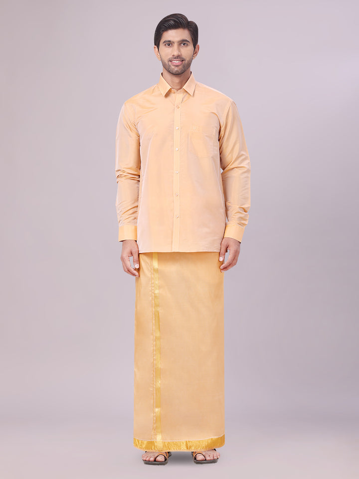 Mens Art Silk Dark Gold Full Sleeves Shirt with Gold Jari Border Dhoti & Towel Combo Blush