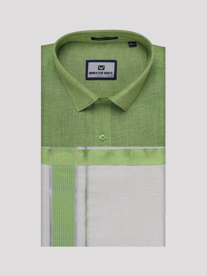 Mens Cotton Light Green Shirt with Tissue Matching Border Dhoti Wedding Combo Kandala