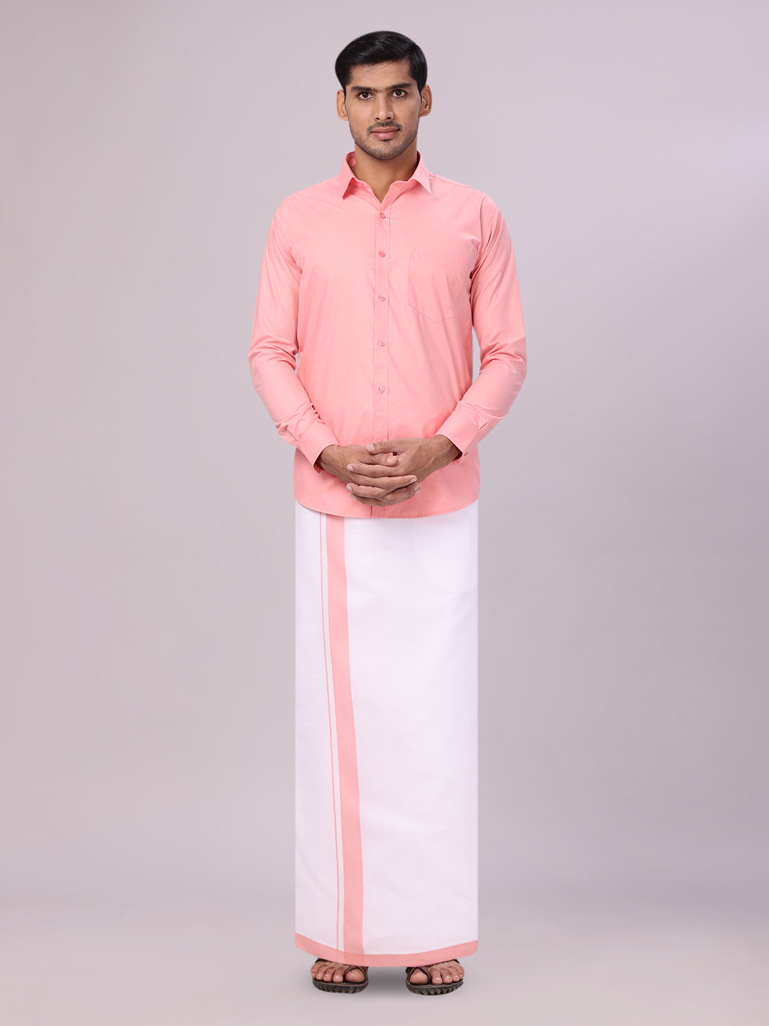 Mens Light Pink Color Shirt with Matching Border Dhoti Combo Casper