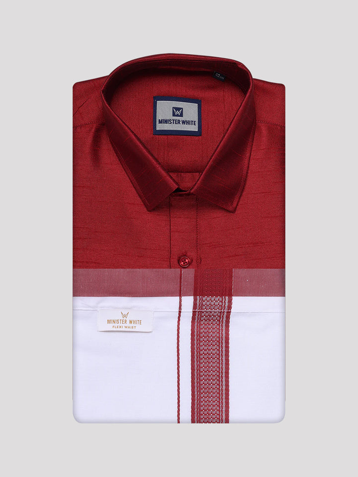 Men's Red Dupion Satin Color Shirt with Matching Border Flexi Dhoti Combo Gora Flexi