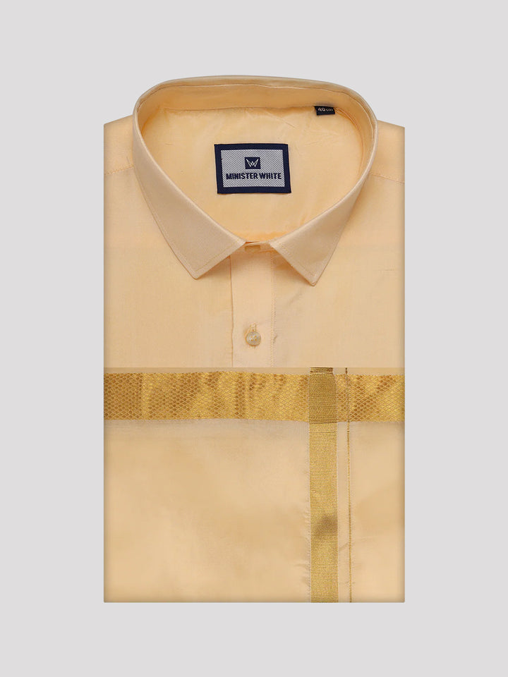 Mens Art Silk Light Gold Full Sleeves Shirt with Gold Jari Border Dhoti Combo Finesse