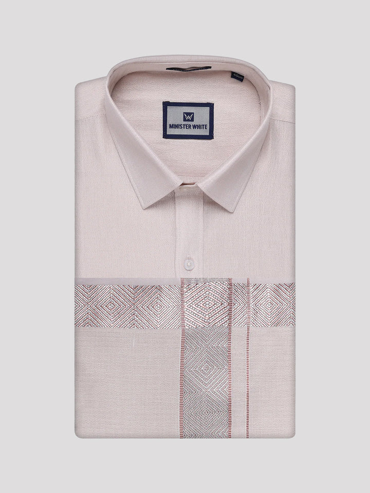 Men's Almond Tissue Shirt and Dhoti Set with Intricate Jacquard Border Plum