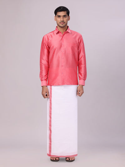 Men's Coral Pink Dupion Satin Color Shirt with Matching Border Flexi Dhoti Combo Gora Flexi