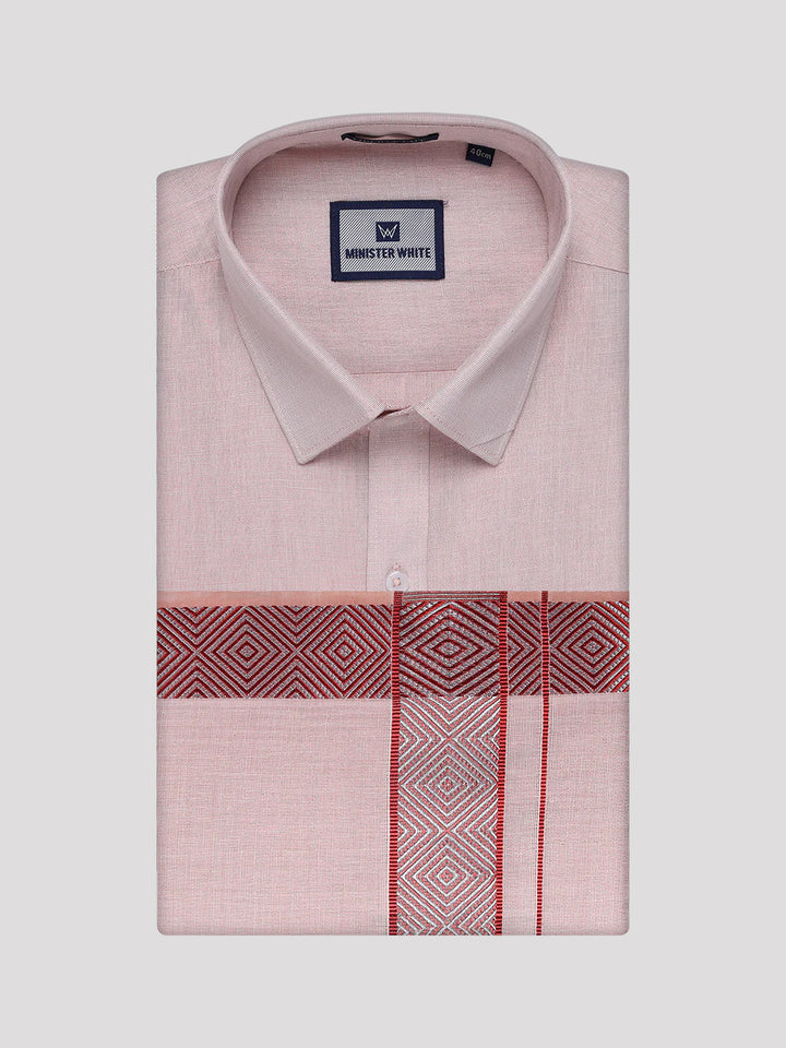 Men's Maroon Tissue Shirt and Dhoti Set with Intricate Jacquard Border Plum