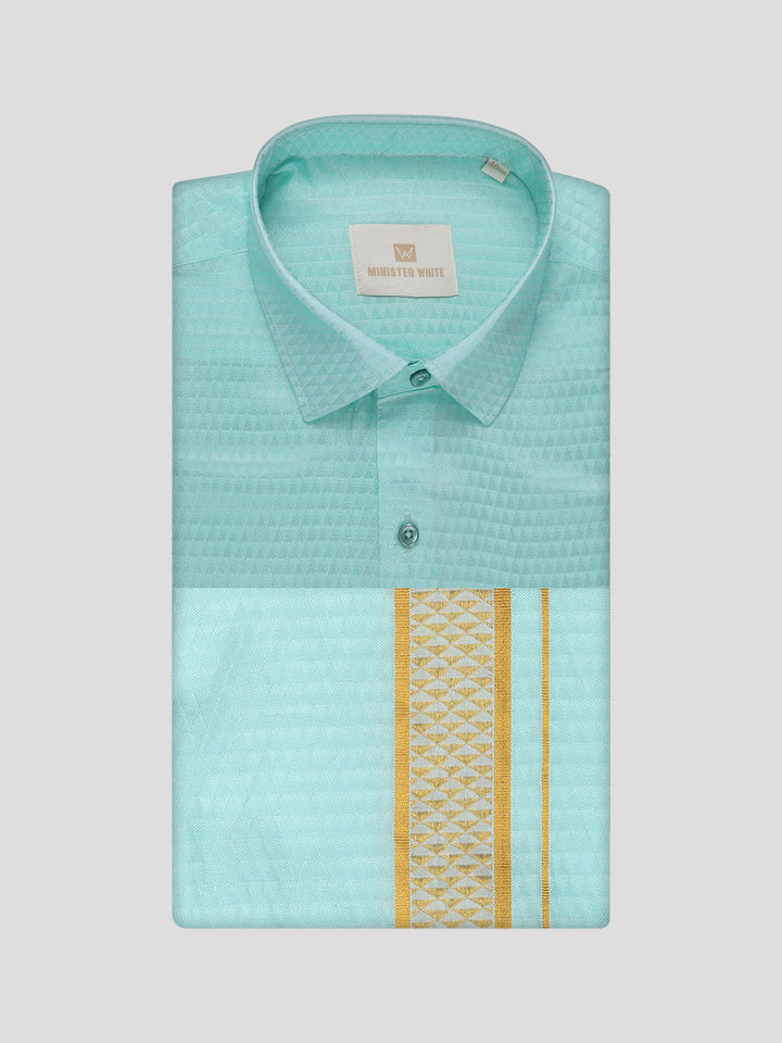 Mens Art Silk Mint Full Sleeves Shirt with 2 1/2" Gold Jari Border Dhoti Combo Nautica