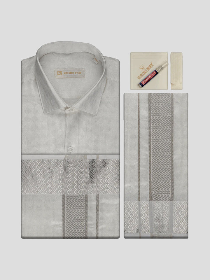 Men's Art Silk Off White Jacquard Full Sleeves Shirt with 2 1/2" Silver Jari Border & Towel Dhoti Combo Nautica