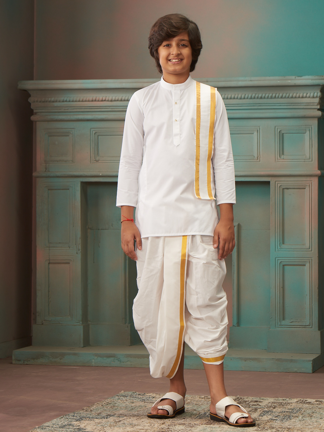 Boys Cotton White Kurta Readymade Panchakacham Towel Combo with Gold Jari Border Sarman by Minister White