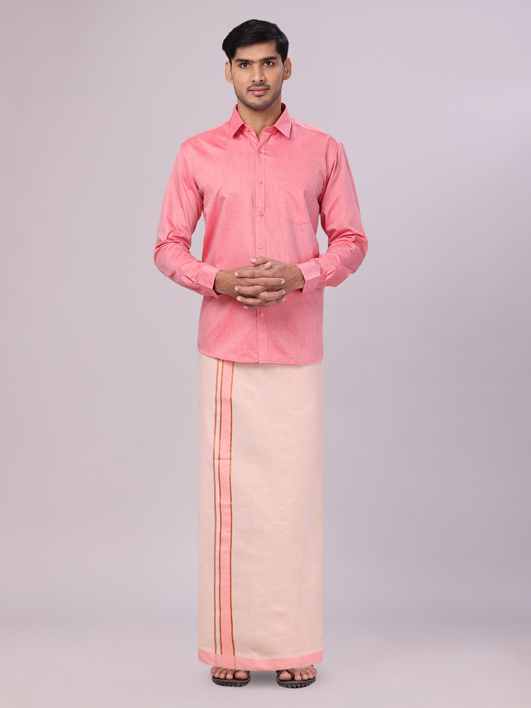 Mens Cotton Pink Shirt with Tissue Matching Border Dhoti Wedding Combo Kandala