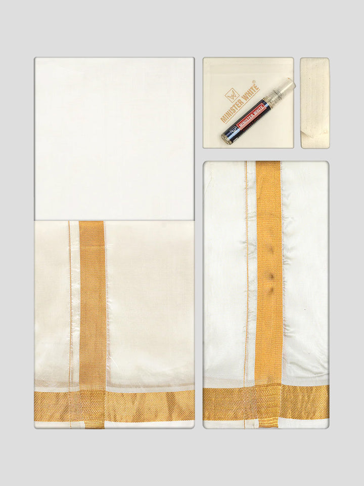 Men's Premium Art Silk Cream Shirt Bit with 100k Gold Jari Border Dhoti Towel Combo Wedding Wonders