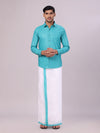 Men's Light Blue Shirt with Matching Border Flexi Dhoti Combo Casper Flexi