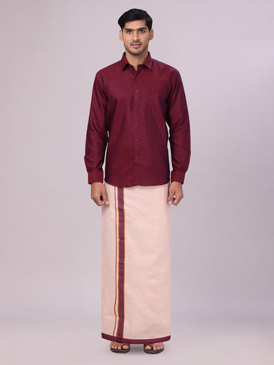 Men's Cotton Maroon Shirt with Tissue Matching Border Flexi Dhoti Wedding Combo Kandala