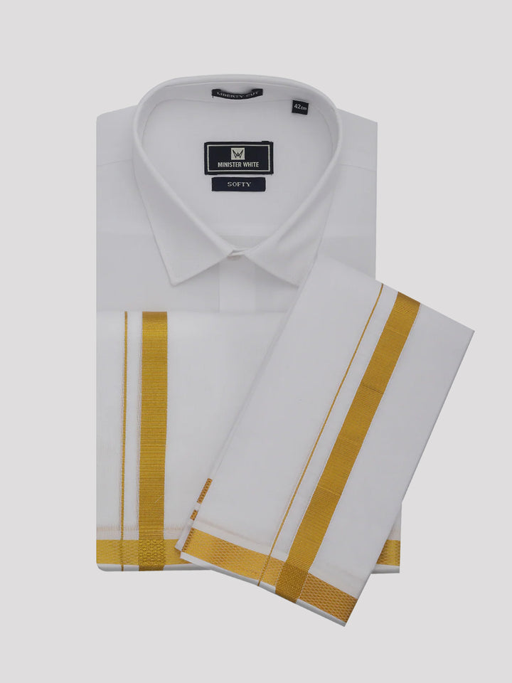 Mens Pure Cotton White Wedding Shirt Gold Jari Dhoti Towel Combo - Santham White