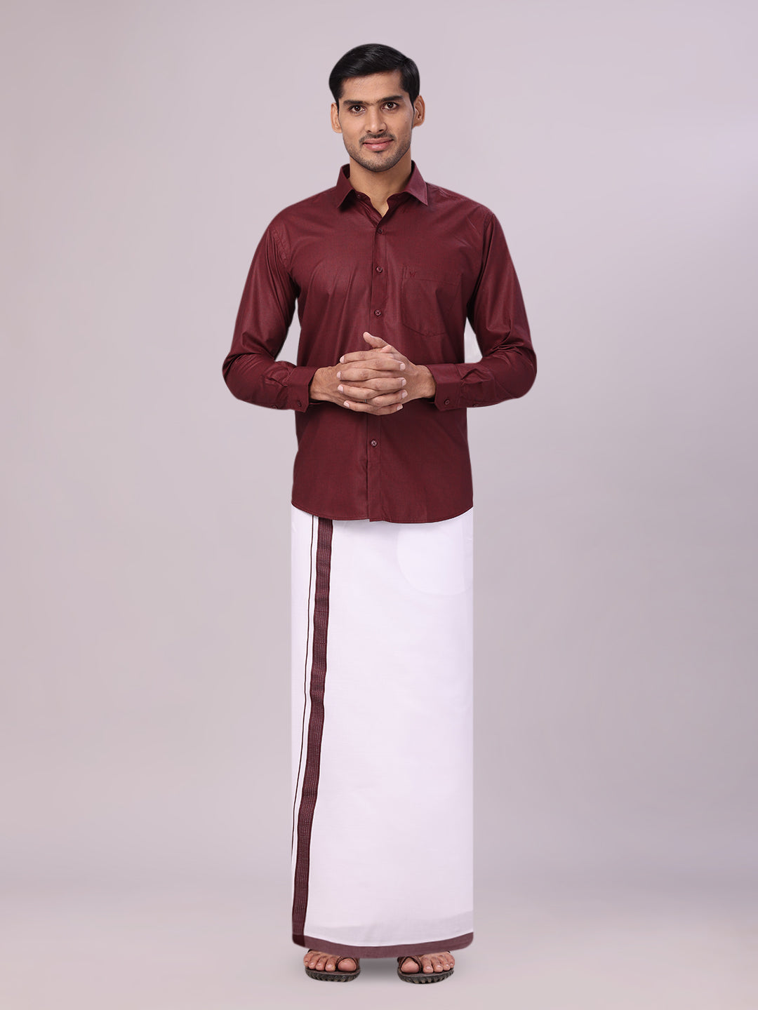 Mens Maroon Color Shirt with Matching Border Dhoti Combo Casper