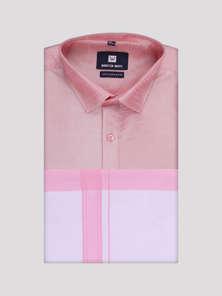 Mens Light Pink Dupion Satin Shirt with Matching Border Dhoti Combo Gora