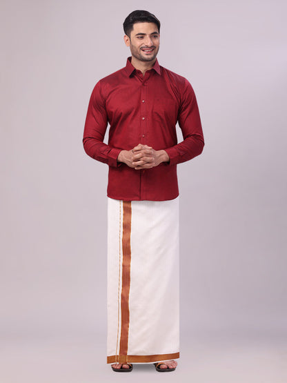 Men's Cotton Maroon Shirt and Airtex Matching Border Dhoti Combo Nector