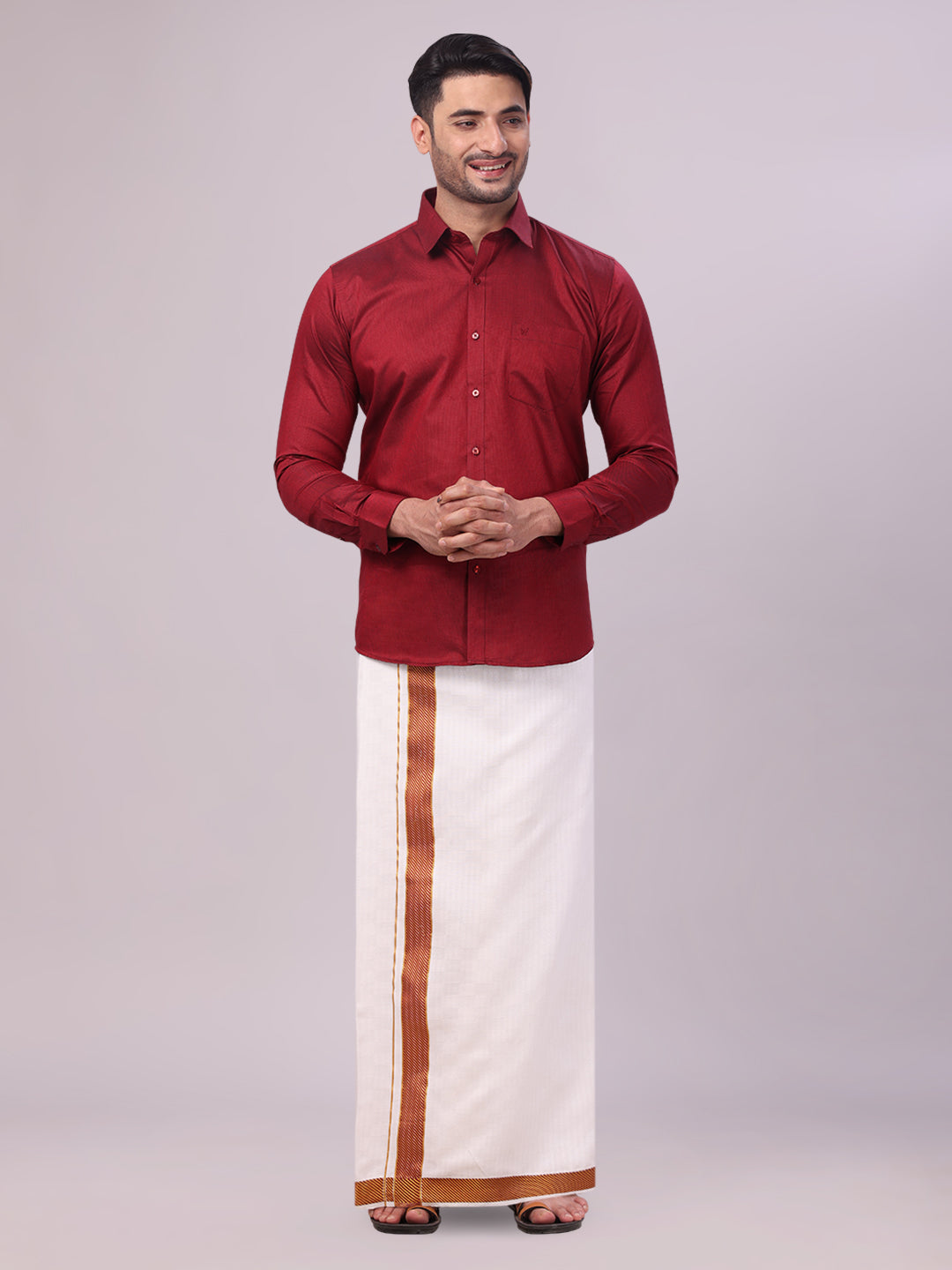 Mens Cotton Maroon Shirt and Airtex Matching Border Dhoti Combo Nector