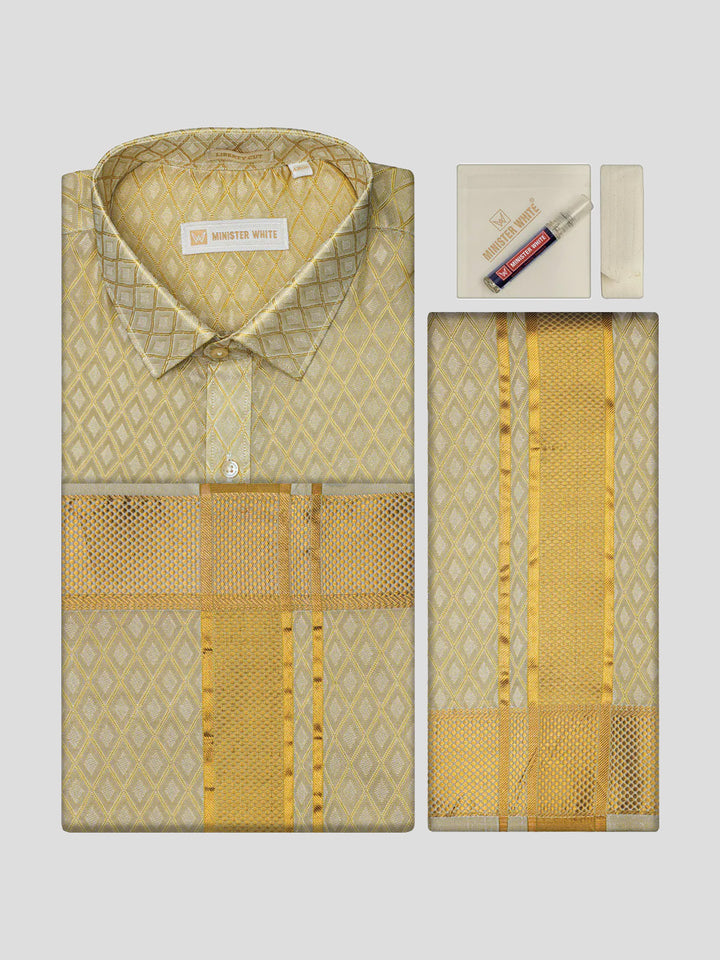 Men Art Silk Jacquard Fawn Full Sleeves Shirt with 2 1/2" Gold Jari Border & Towel Dhoti Combo Spruce