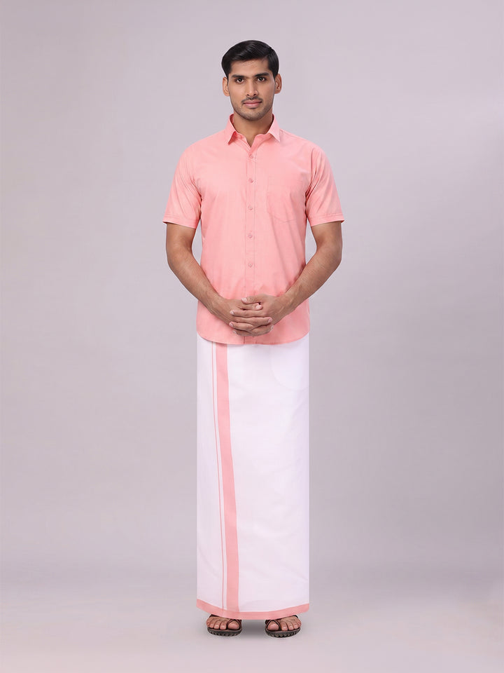 Mens Light Pink Color Shirt with Matching Border Dhoti Combo Casper