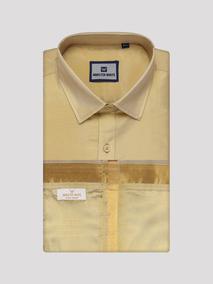 Mens Art Silk Mango Full Sleeves Shirt with Gold Jari Border Flexi Dhoti Combo Finesse