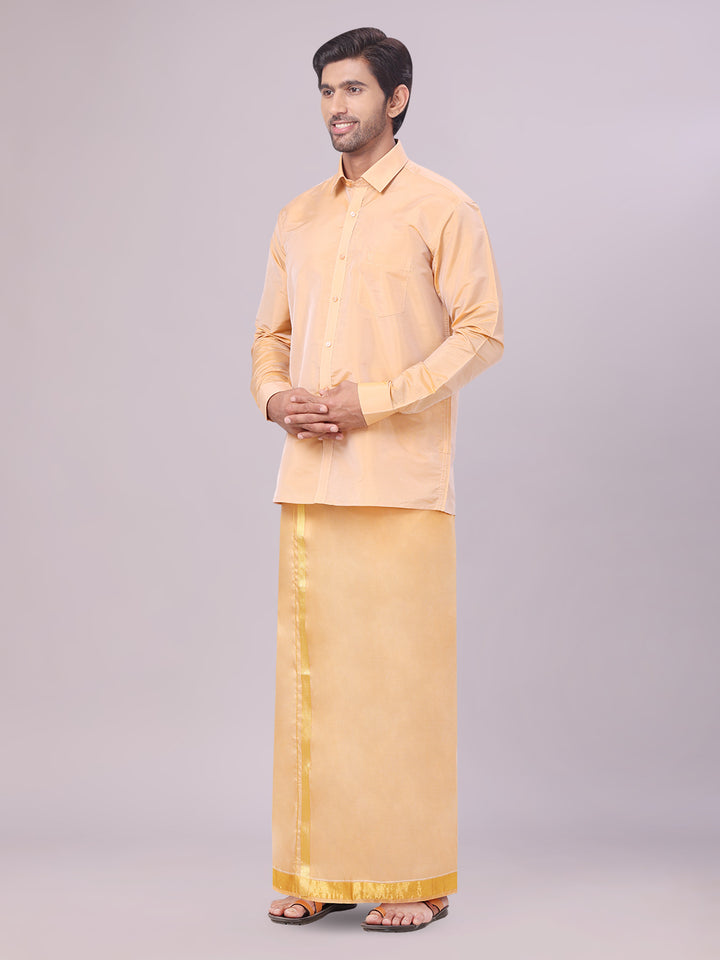 Mens Art Silk Dark Gold Full Sleeves Shirt with Gold Jari Border Dhoti & Towel Combo Blush