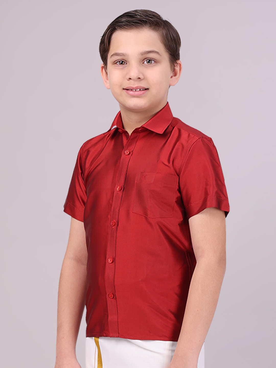 Boys Dupion Satin Rust Colour Half Sleeves Shirt side pose