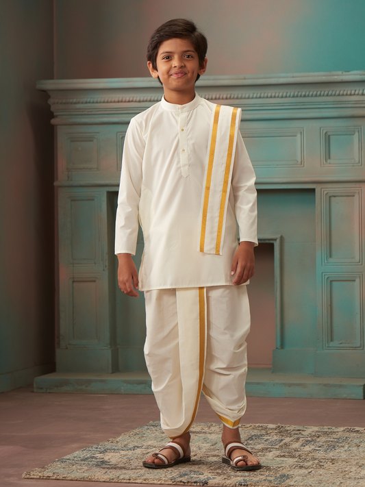 Boys Cotton Cream Kurta Readymade Panchakacham Towel Combo with Gold Jari Border Champak by Minister White