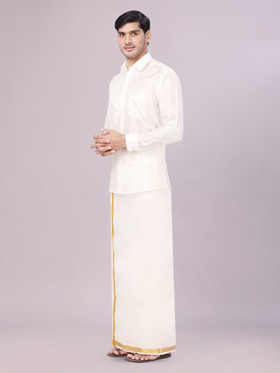 Men's Art Silk Cream Wedding Shirt with Flexi Dhoti and Nerial - Blessing Cream side pose