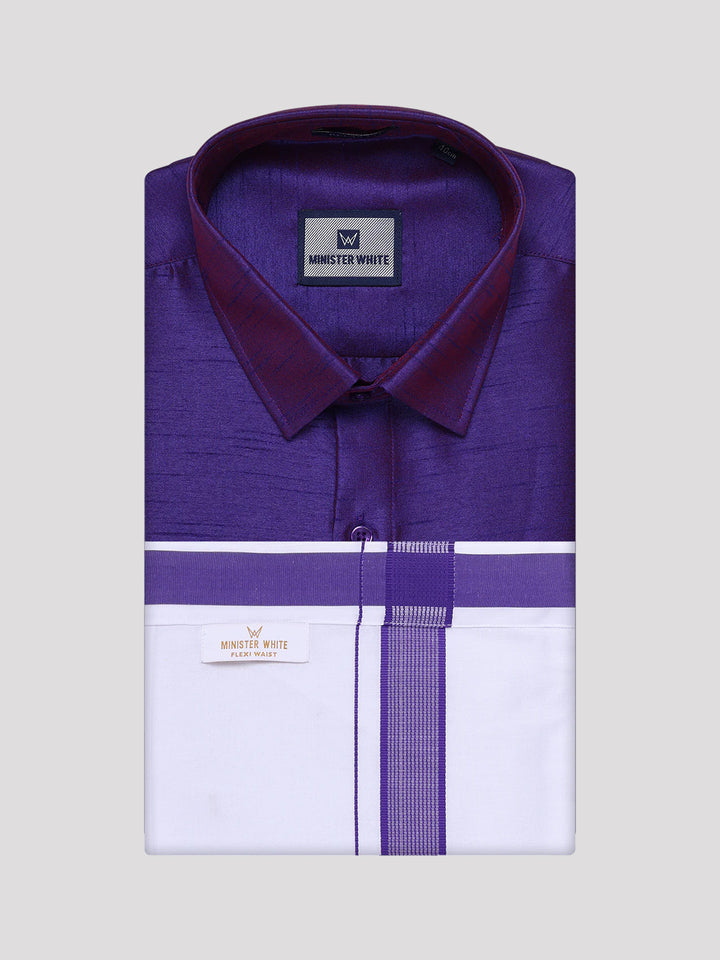Men's Violet Dupion Satin Color Shirt with Matching Border Flexi Dhoti Combo Gora Flexi