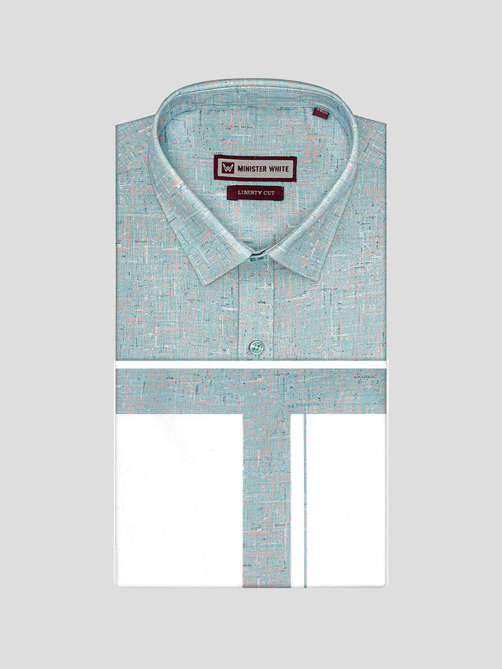 Men's Turquois Color Digital Printed Shirt with Matching Printed Border Dhoti Combo Varnam