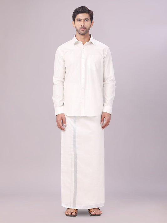 Men's Tissue Silver Color Flexi Dhoti Shirt Wedding Combo Maverik Flexi