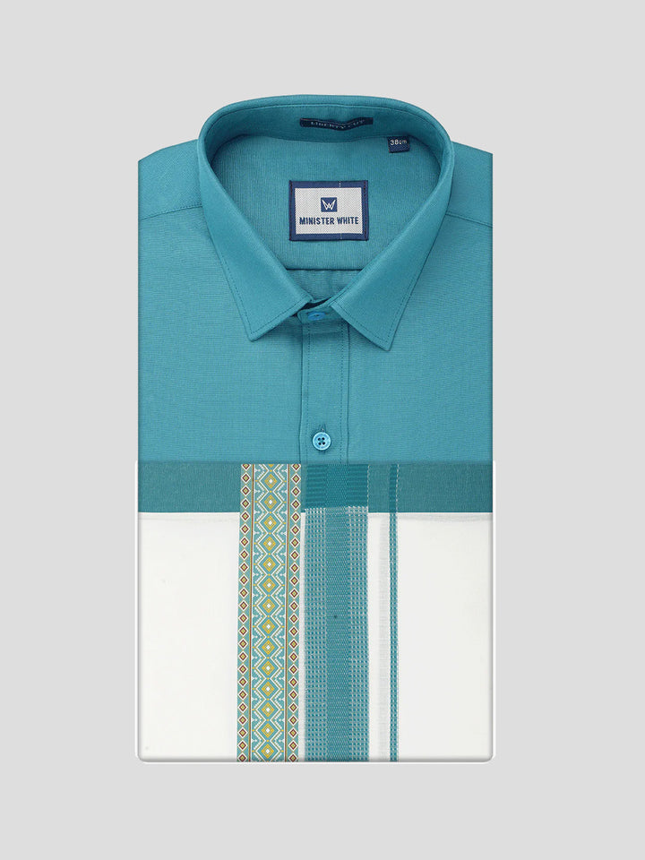 Men's Cotton Green Matching Shirt with Fancy Printed Border Dhoti Combo Luster Trend