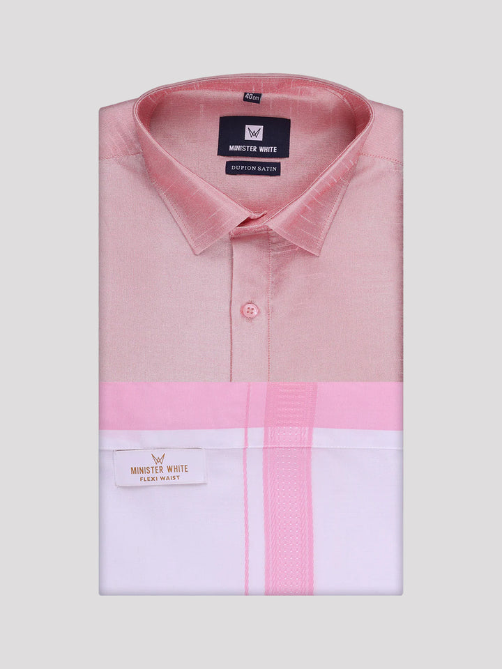 Mens Light Pink Dupion Satin Shirt with Matching Border Flexi Dhoti Combo Gora Flexi