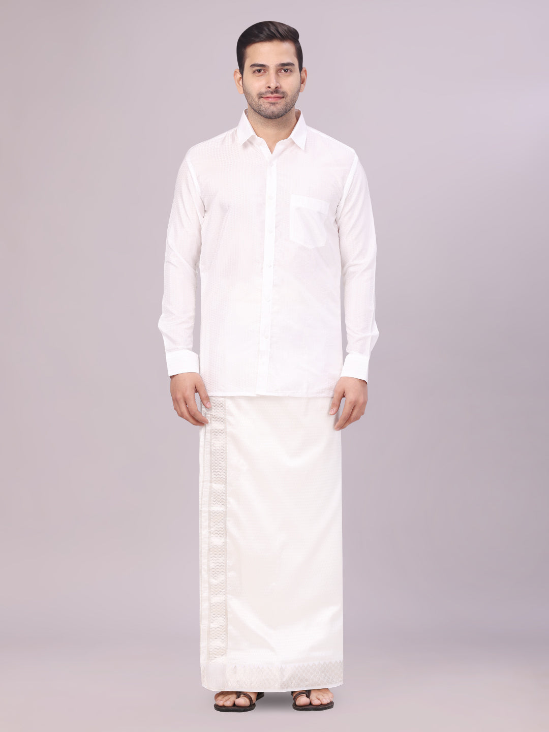 Men's Art Silk Half White Full Sleeves Shirt with 2 1/2" Silver Jari Border Dhoti Combo Neogen