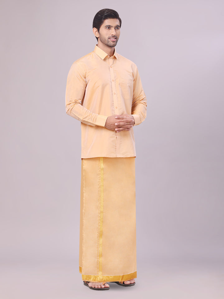 Men's Art Silk Dark Gold Full Sleeves Shirt with Gold Jari Border Dhoti Combo Finesse side pose